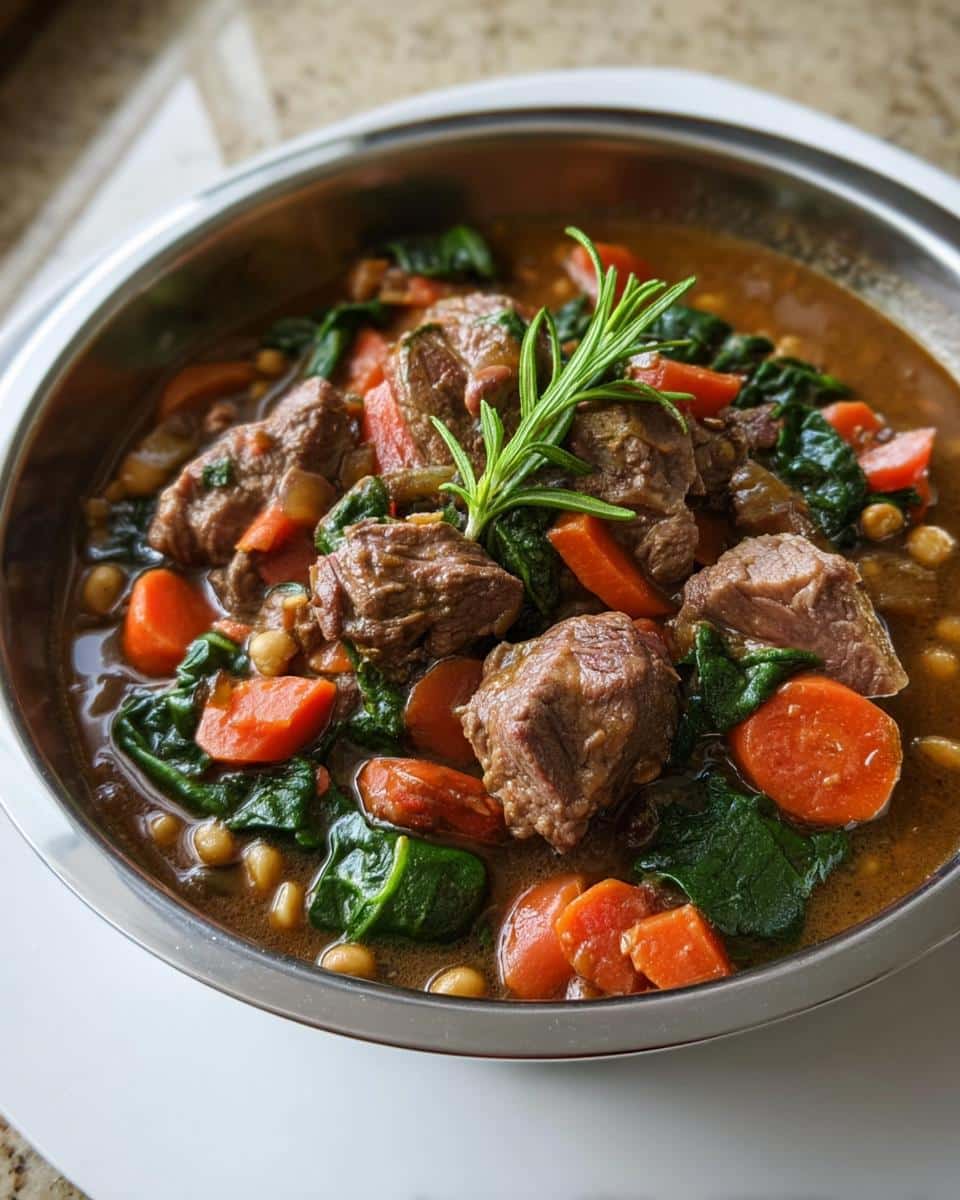 Close-up of Grain-Free Lamb Stew for Dogs with chunks of lamb, carrots, spinach, and chickpeas in a metal bowl.