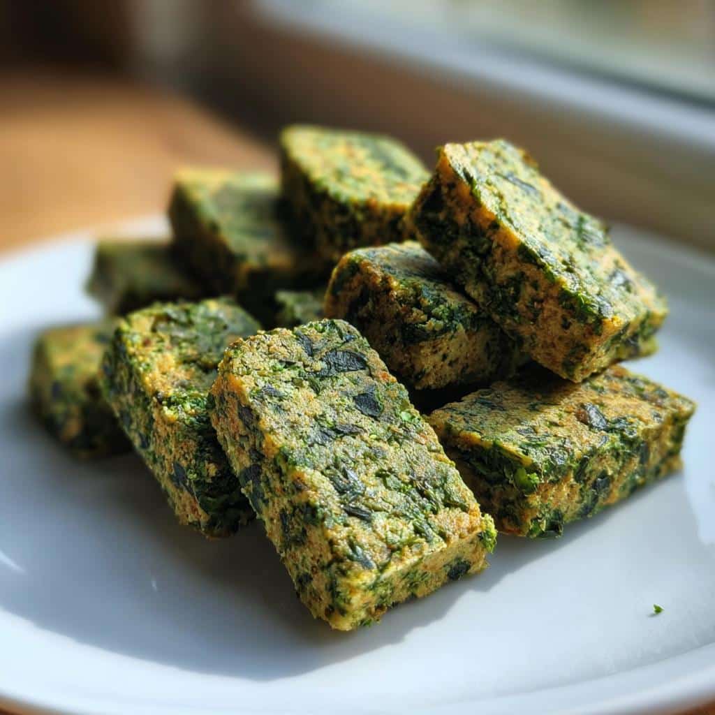 Close-up of rectangular, green Healthy Dog Treats With Spinach And Parsley stacked on a white plate.