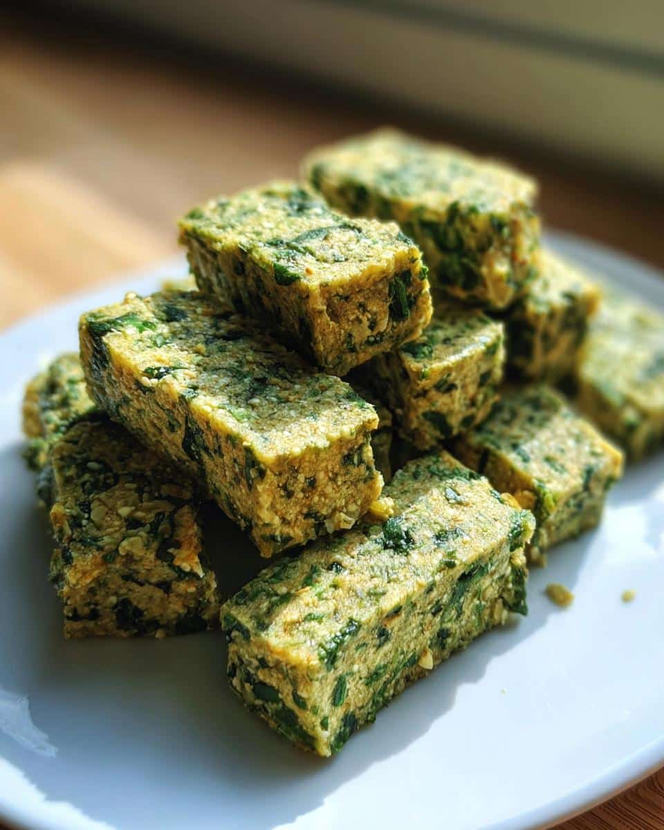 A stack of rectangular, green, homemade Healthy Dog Treats With Spinach And Parsley on a white plate.