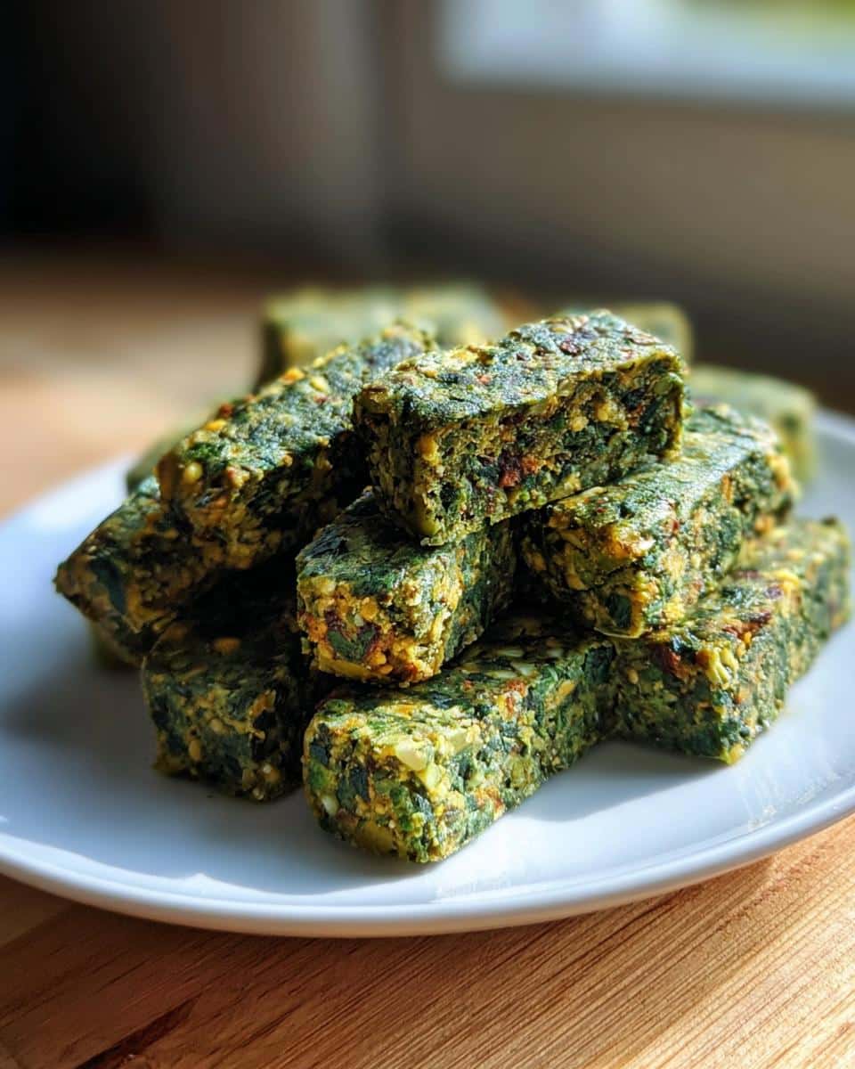 A stack of rectangular, green, homemade Healthy Dog Treats With Spinach And Parsley on a white plate.