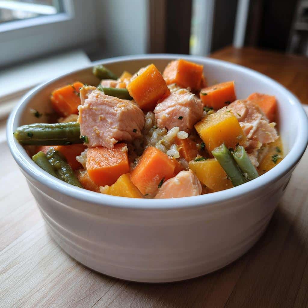 A white bowl filled with chunks of salmon, sweet potato, green beans, and rice, perfect for Healthy Homemade Dog Food Recipes Crockpot for Weight Control.