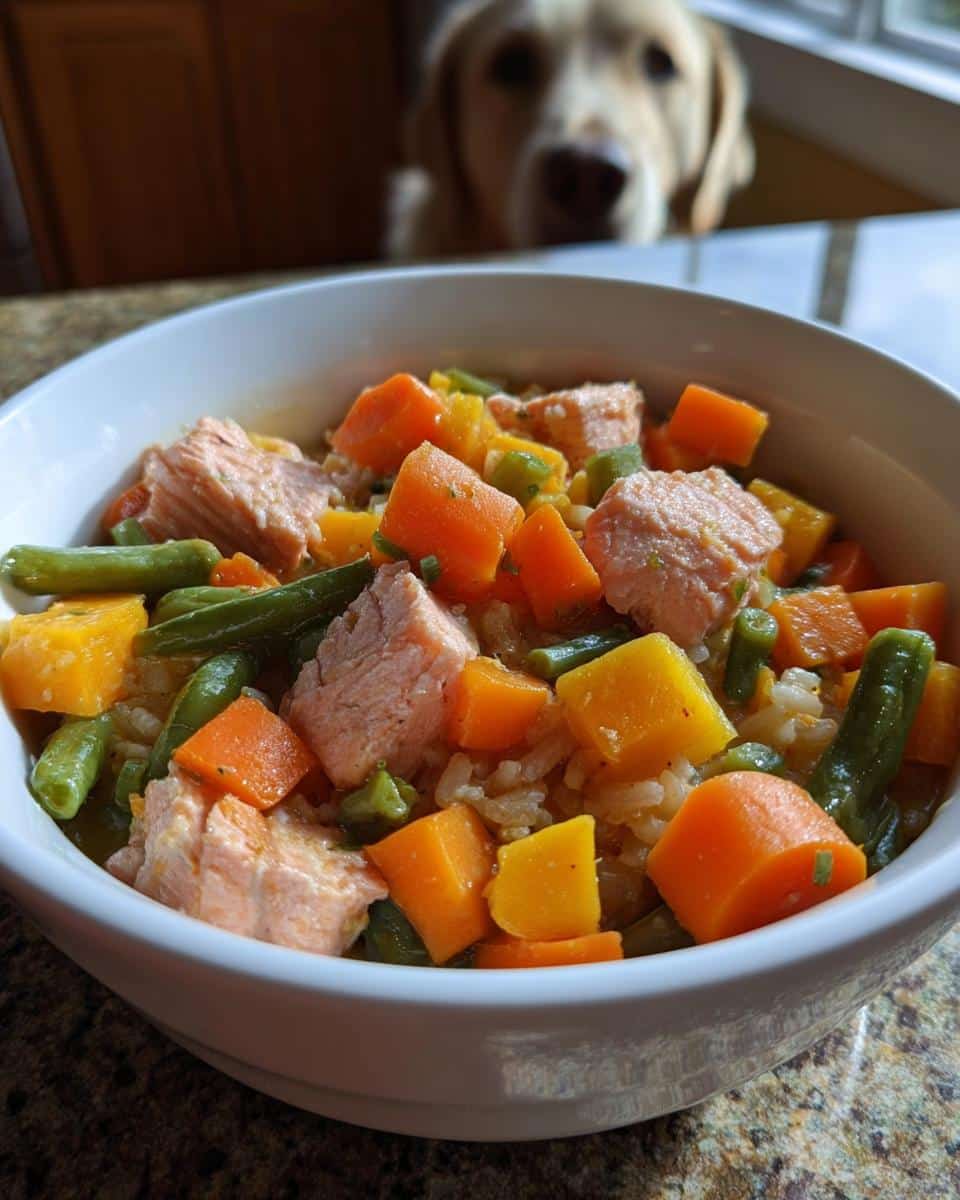 Bowl of healthy homemade dog food recipes crockpot mix with salmon, carrots, and green beans, watched by a curious dog.