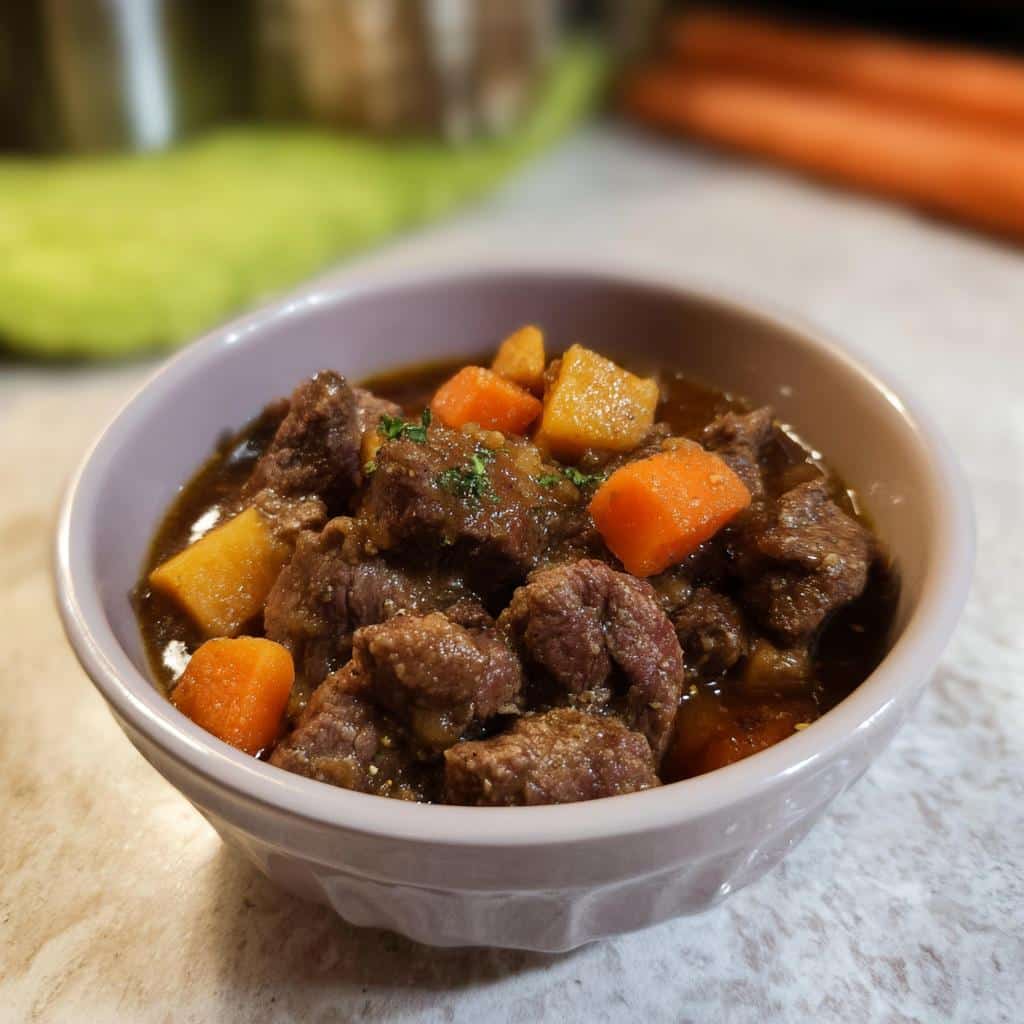 Close-up of a small bowl filled with chunks of beef and carrots in gravy, representing Homemade Dog Beef Stew.