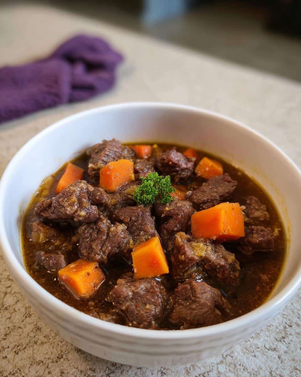 Close-up of Homemade Dog Beef Stew featuring tender beef chunks and bright orange carrots in a white bowl.