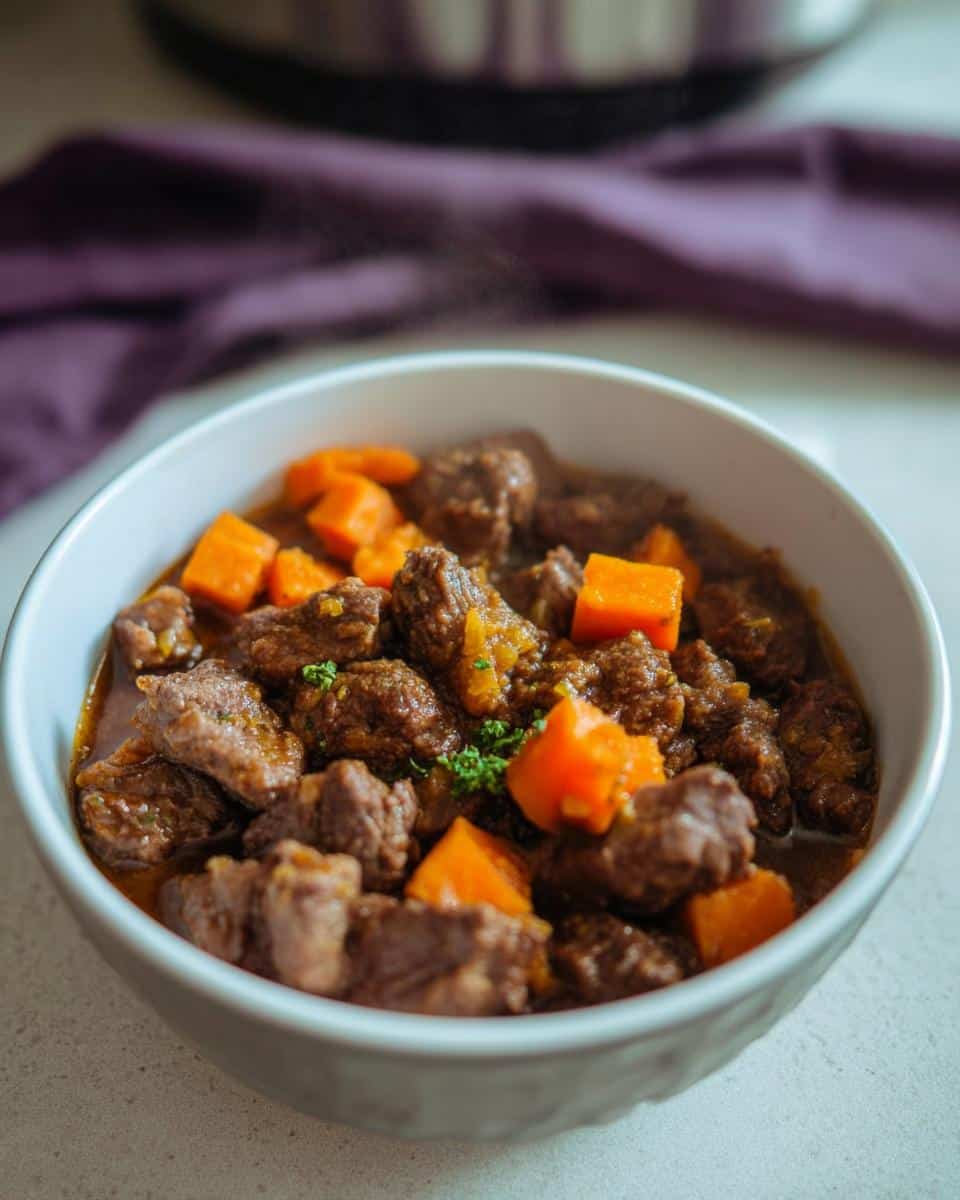 A close-up of a steaming white bowl filled with Homemade Dog Beef Stew chunks and bright orange sweet potato or carrot pieces.
