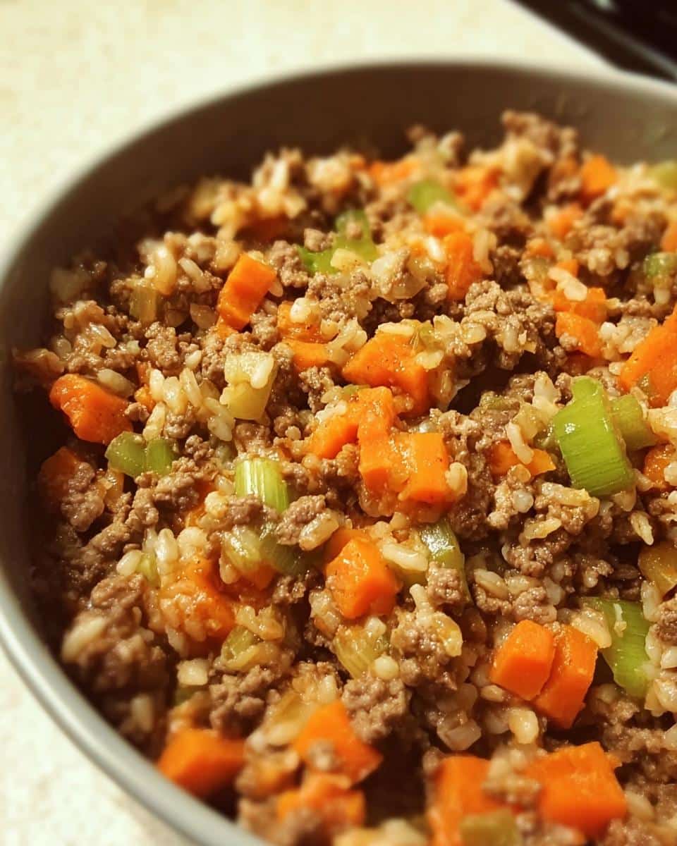 Close-up of a bowl filled with Homemade Dog Food Recipes Crockpot: Beef, Rice & Carrots mixture.