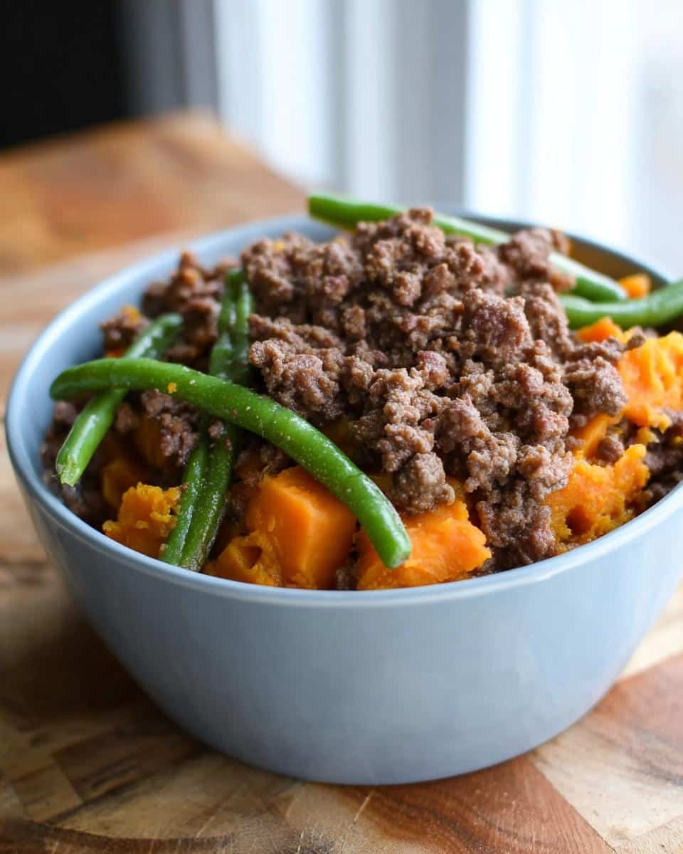 A blue bowl filled with Homemade Dog Food Recipes Crockpot: Beef & Sweet Potato, topped with green beans.