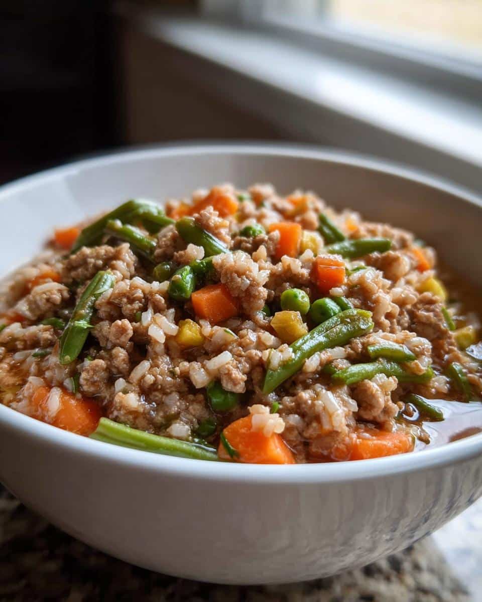 A close-up of a white bowl filled with Homemade Dog Food Recipes Crockpot Chicken & Rice mixture, featuring ground meat, rice, carrots, and green beans.
