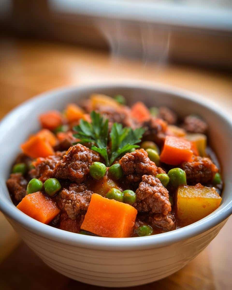 Close-up of a steaming white bowl filled with homemade dog food, featuring ground meat, diced carrots, peas, and potatoes.