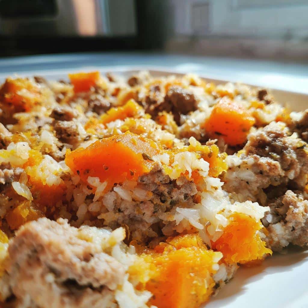Close-up of Homemade Dog Food Recipes Crockpot with Pumpkin, showing ground meat, white rice, and bright orange pumpkin chunks.