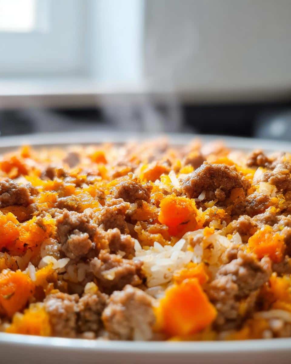 Close-up of steaming homemade dog food recipes crockpot with pumpkin, ground meat, and rice mixture.