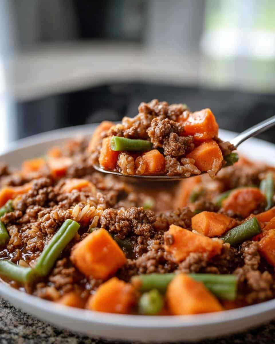 A spoonful of homemade dog food recipes crockpot mix featuring ground meat, sweet potatoes, and green beans.