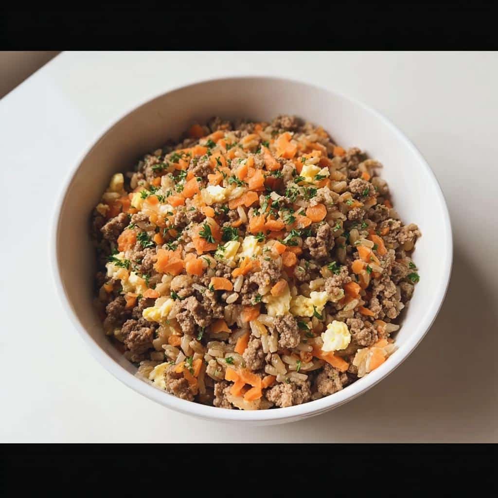 Bowl of homemade dog food with ground meat, rice, carrots, and scrambled egg, perfect for sensitive stomachs.