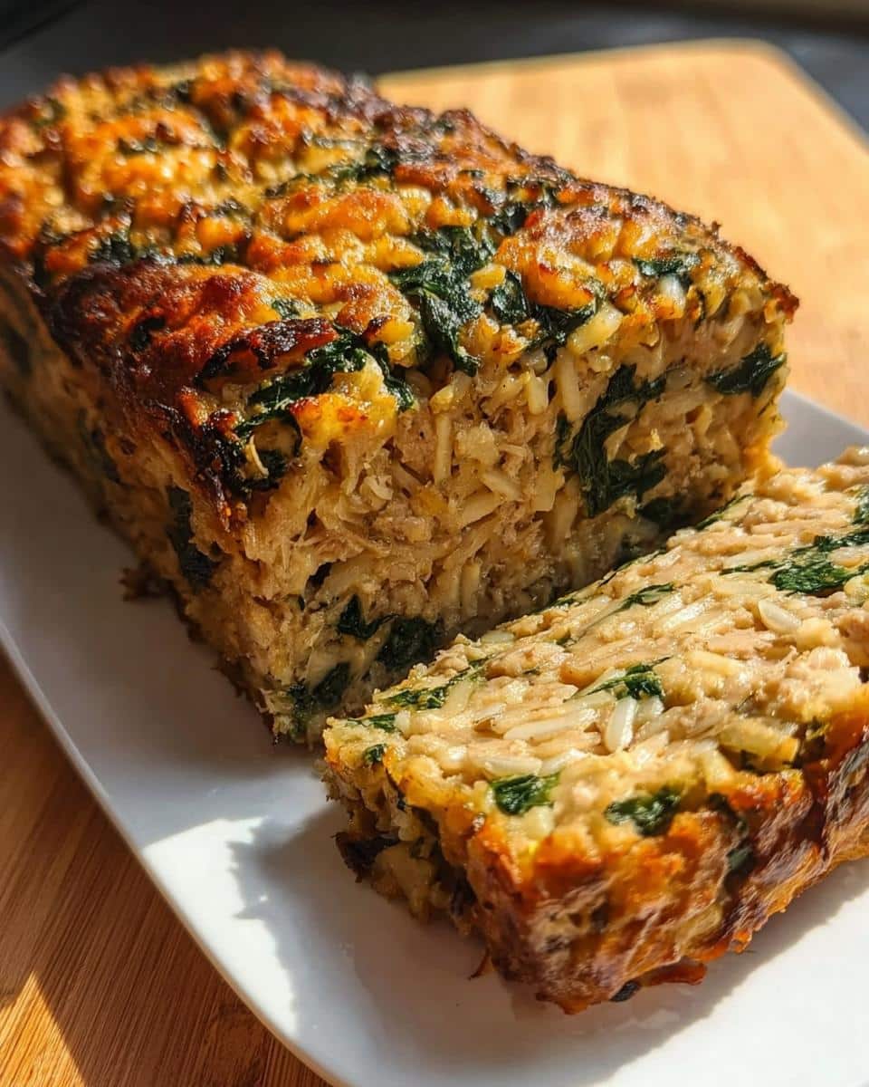A slice cut from a baked loaf of Homemade Dog Food Recipes Crockpot: Turkey, Rice & Spinach, showing texture.