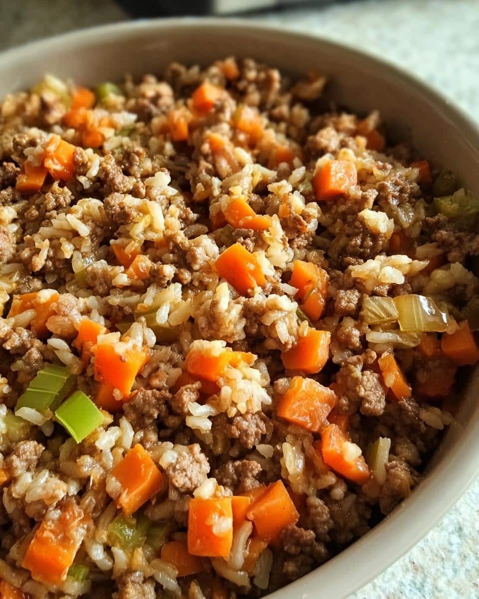 Close-up of homemade dog food with ground beef, rice, diced carrots, and celery cooked in a crockpot.