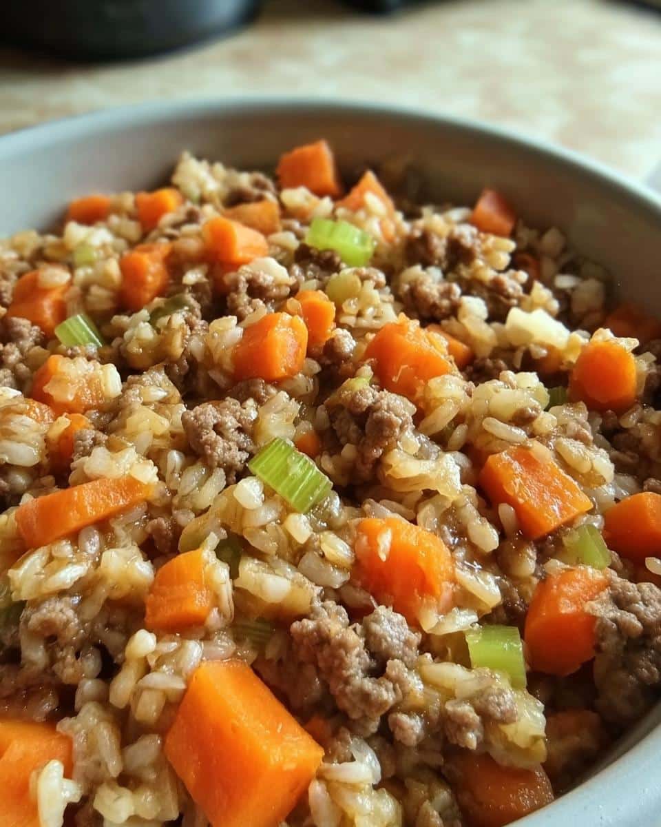 Close-up of homemade dog food recipes crockpot mix featuring ground beef, rice, and bright orange carrots.