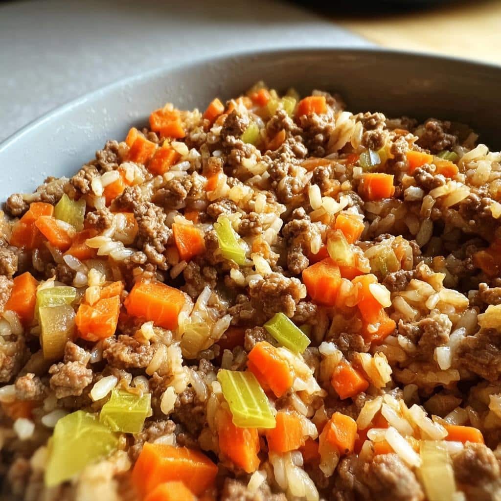 Close-up of Homemade Dog Food Recipes Crockpot: Beef, Rice & Carrots mixture in a gray bowl.