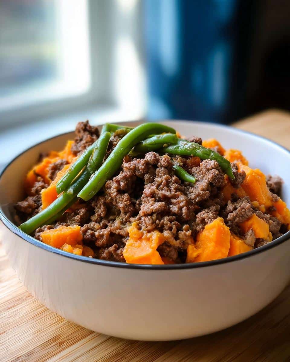 A bowl of homemade dog food recipes crockpot featuring ground beef, cubed sweet potato, and green beans.