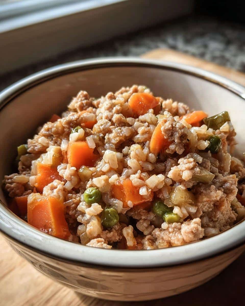 A close-up of a bowl filled with homemade dog food recipes crockpot mix, featuring ground meat, brown rice, carrots, and peas.