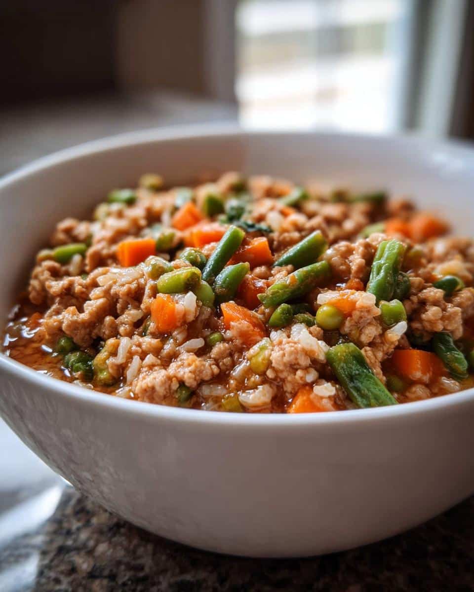 Close-up of a white bowl filled with homemade dog food recipes crockpot chicken and rice mixture with carrots and green beans.