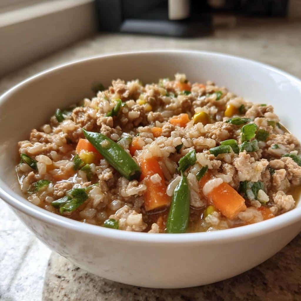 A white bowl filled with Homemade Dog Food Recipes Crockpot: Easy Chicken & Rice, featuring ground meat, rice, carrots, and green beans.