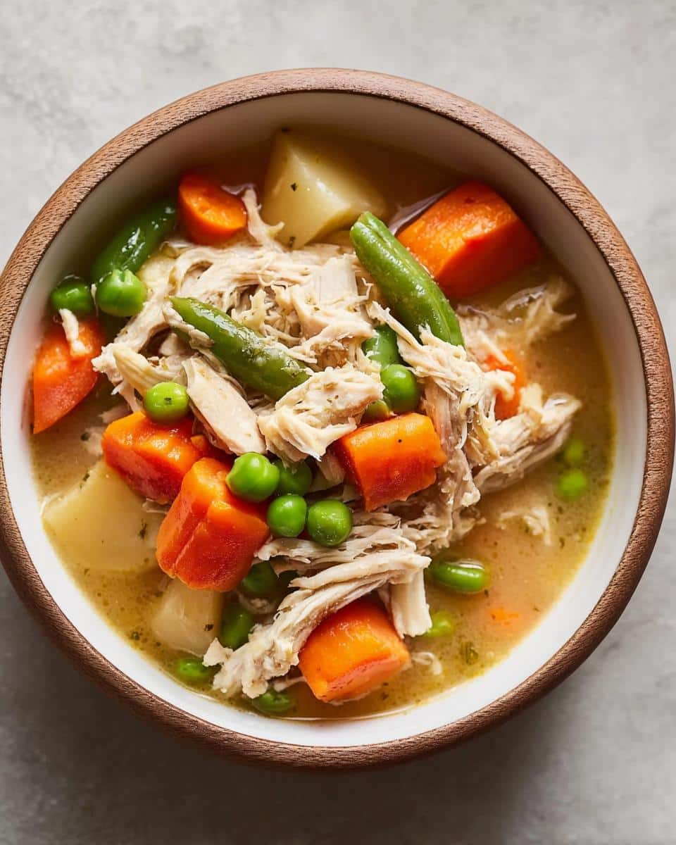 Overhead view of shredded chicken, carrots, peas, and potatoes in broth, perfect for Homemade Dog Food Recipes Crockpot.