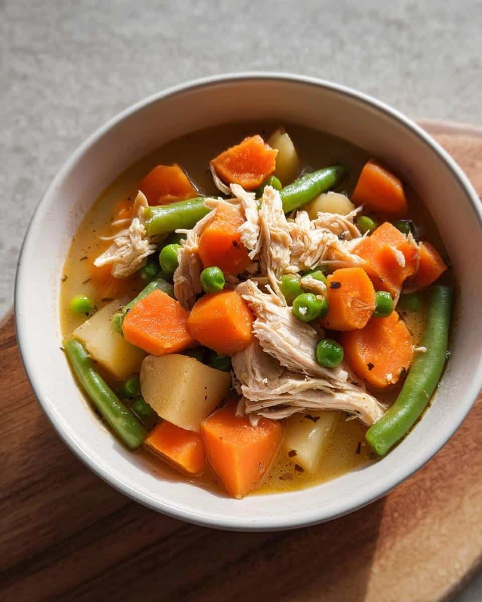 Close-up of a white bowl filled with Homemade Dog Food Recipes Crockpot: Chicken & Veggie Stew, featuring shredded chicken, carrots, peas, and potatoes.