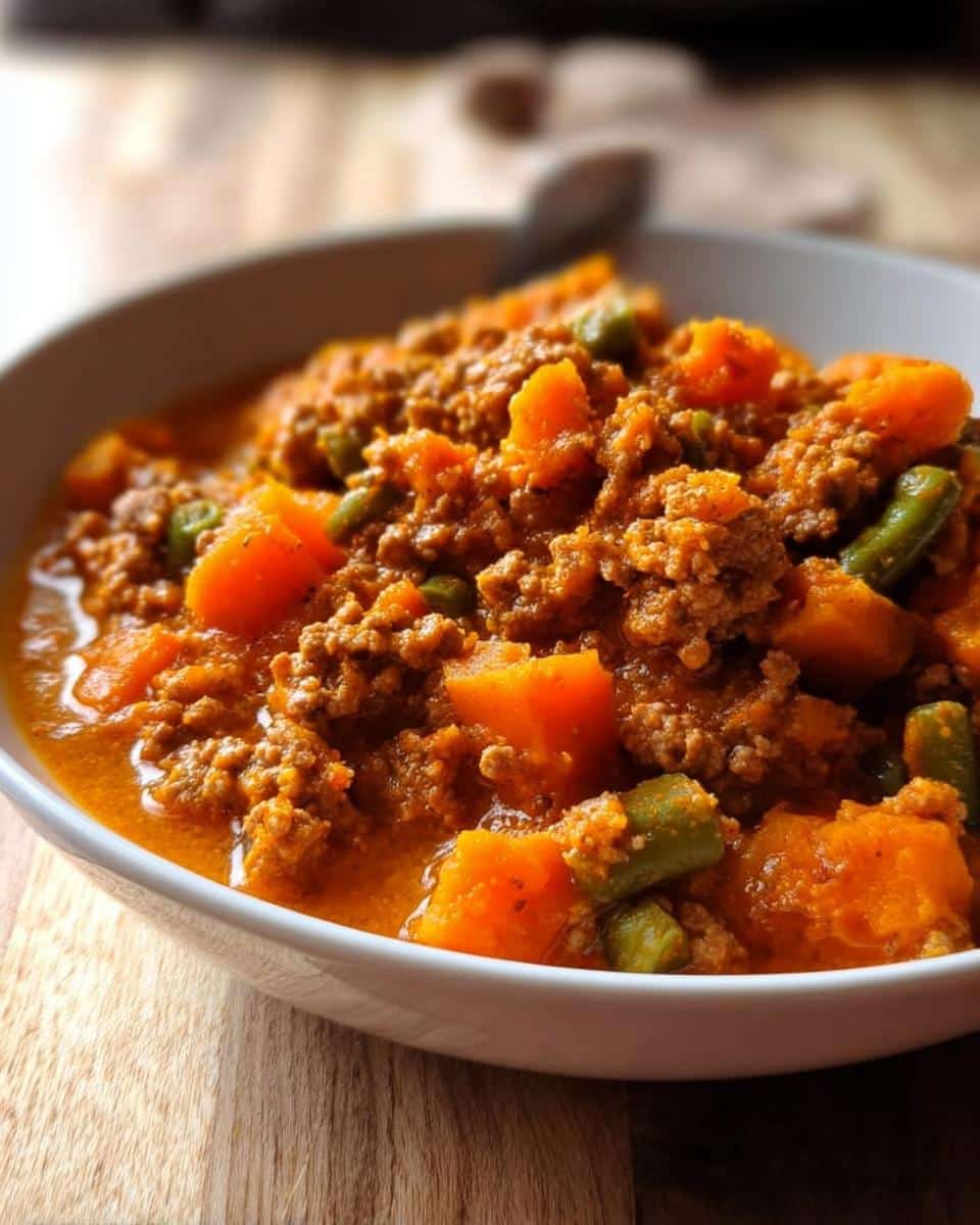 Close-up of grain-free dog food made in a crockpot, featuring ground meat, orange sweet potato chunks, and green beans.