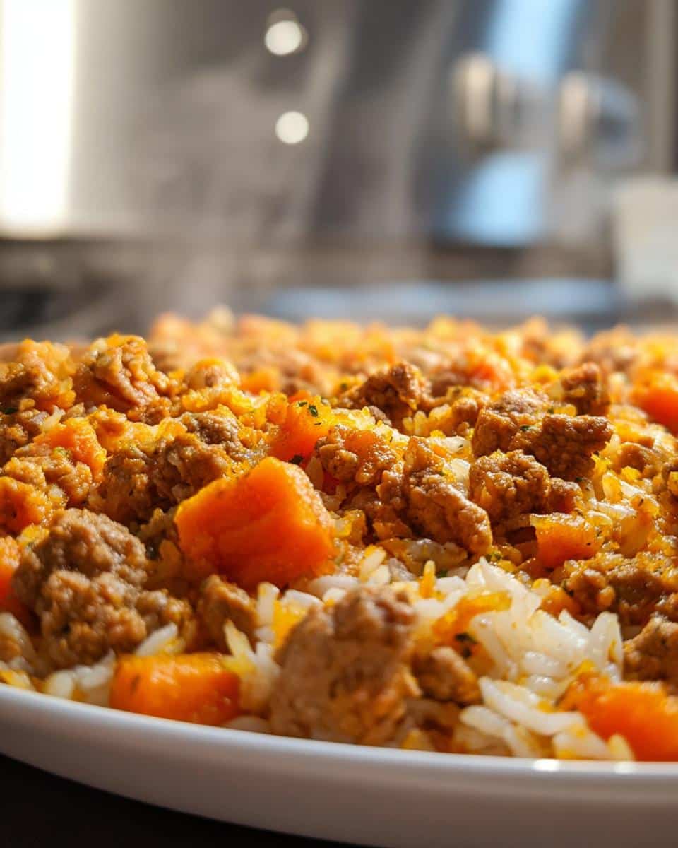Close-up of steaming homemade dog food recipes crockpot with pumpkin, ground meat, and white rice.