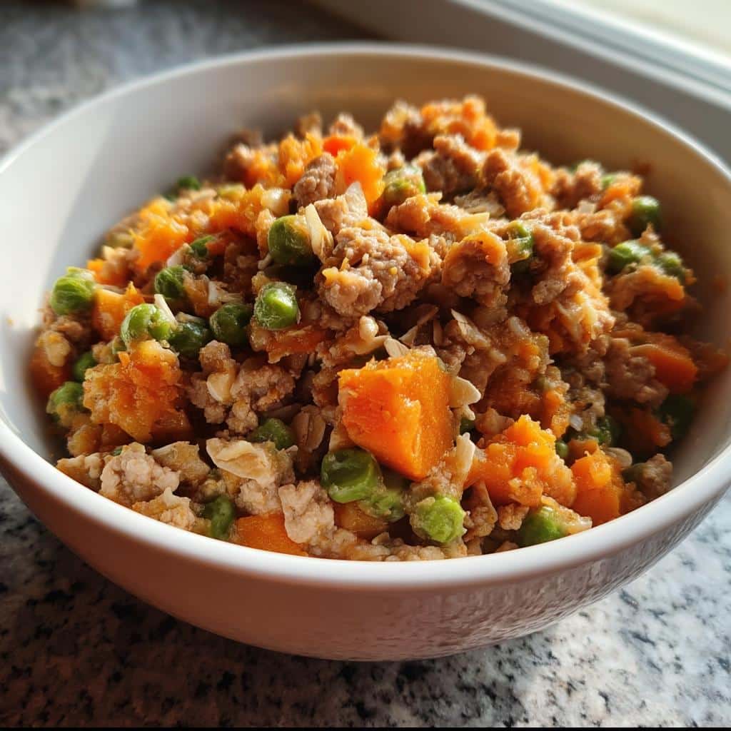 Close-up of homemade dog food for puppies in a white bowl, featuring ground meat, sweet potato, and peas.