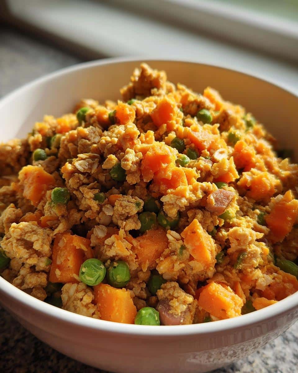 Close-up of a white bowl filled with homemade dog food recipes crockpot for puppies, featuring ground meat, orange sweet potato chunks, and green peas.
