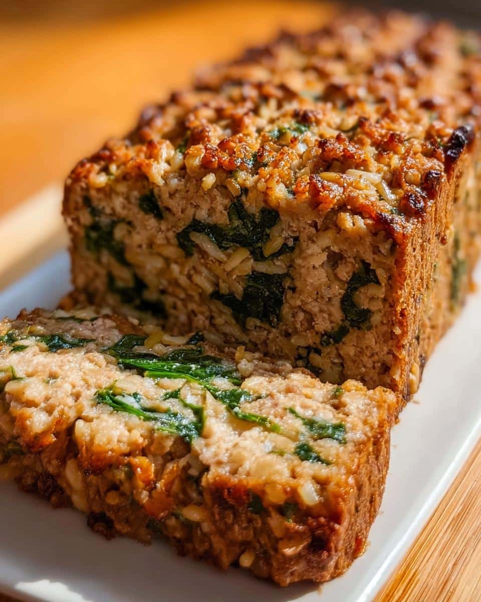 Close-up of a slice of homemade dog food recipes crockpot loaf with turkey, rice, and visible spinach.