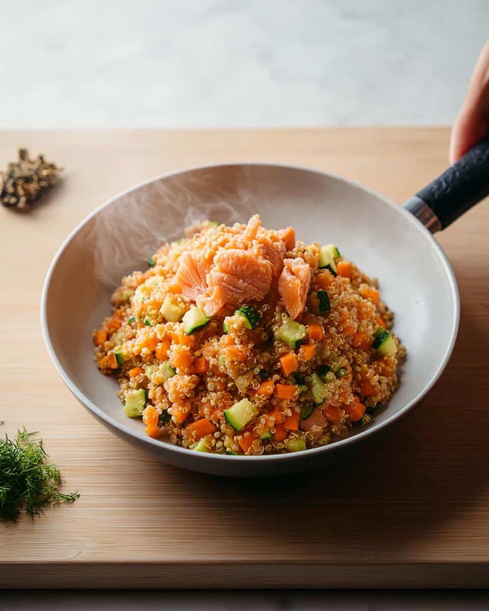 Steaming bowl of homemade dog food featuring salmon, quinoa, carrots, and zucchini for skin allergies.