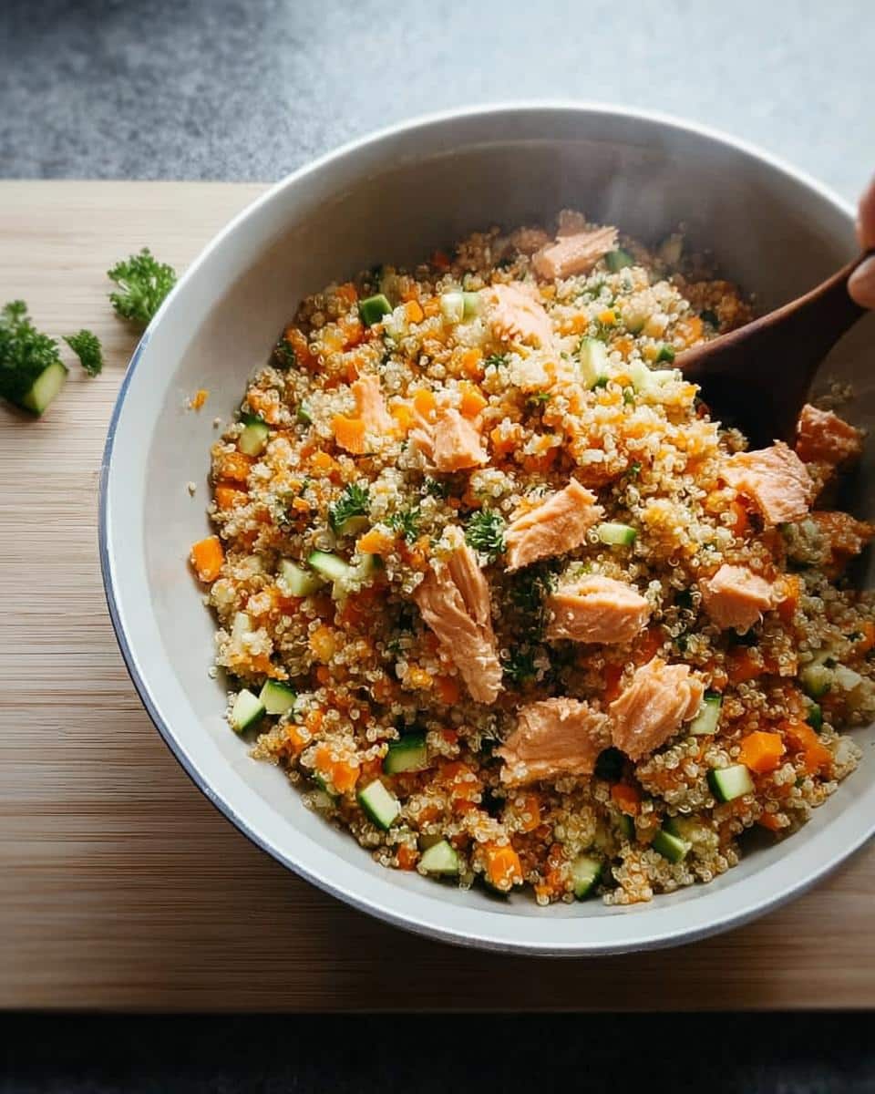 Bowl of homemade dog food featuring quinoa, diced carrots, cucumber, and chunks of salmon, part of 4 Homemade Dog Food for Recipes Skin Allergies.