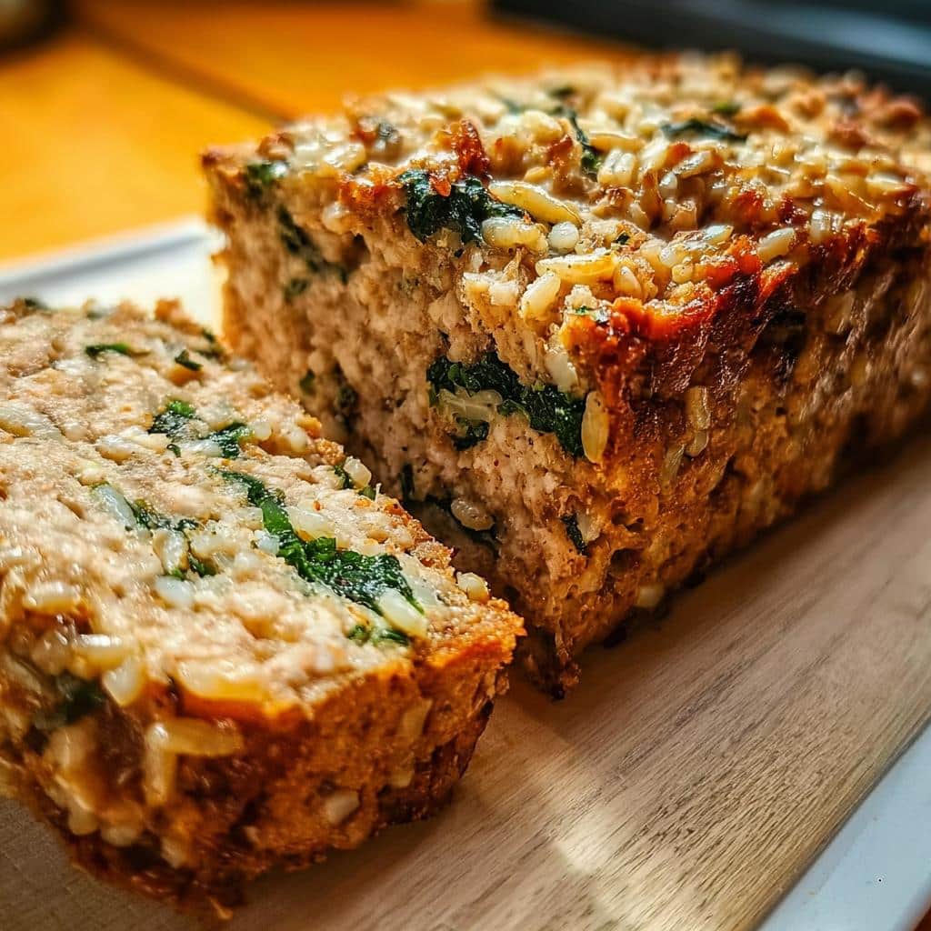 Close-up of a sliced turkey, rice, and spinach loaf, perfect for homemade dog food recipes crockpot.