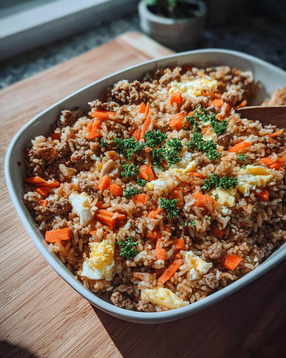 A white dish filled with the Lamb and Brown Rice Casserole Dog recipe, mixed with ground meat, chopped carrots, and scrambled egg pieces.