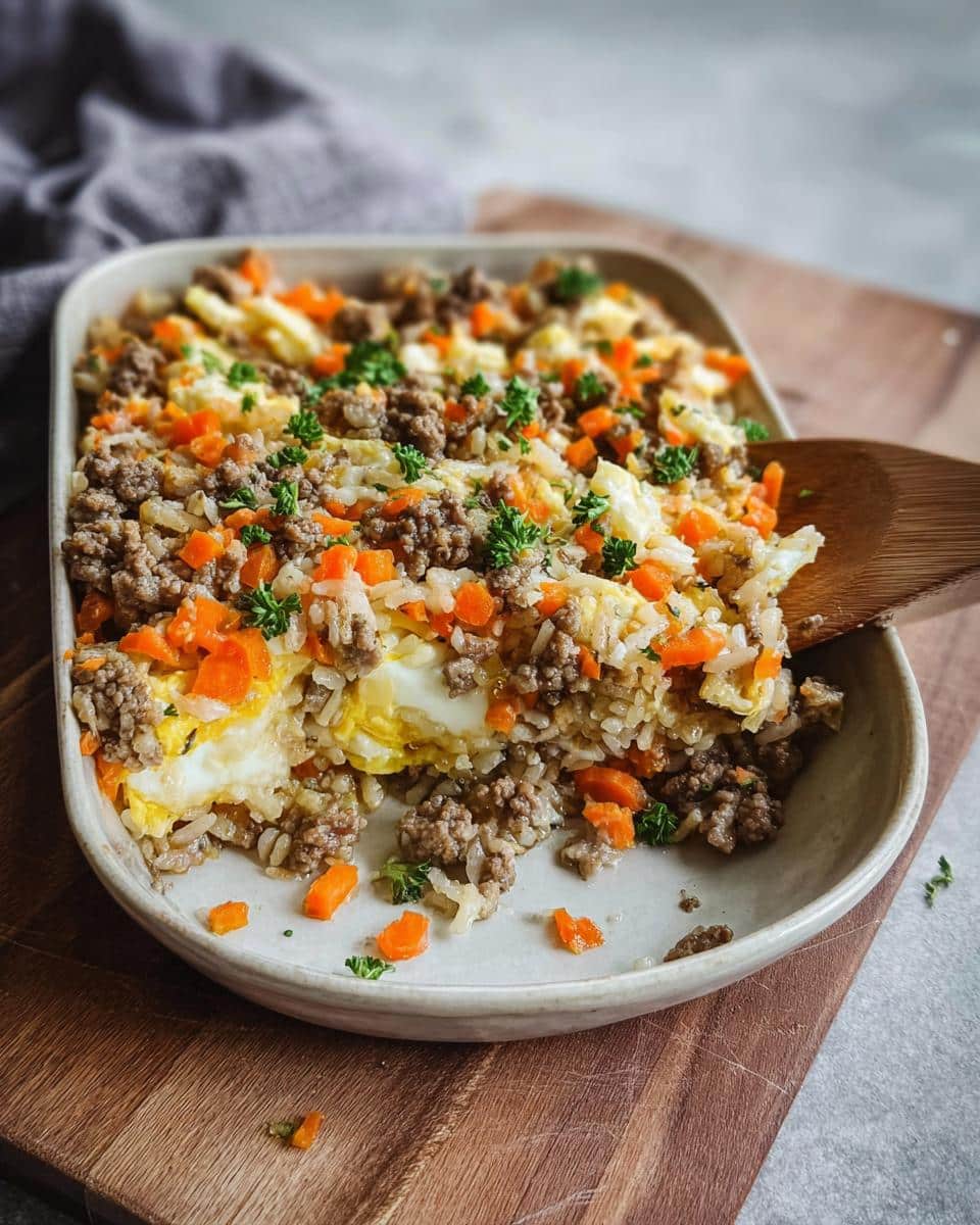 A portion of Lamb and Brown Rice Casserole Dog recipe being scooped out with a wooden spoon from a baking dish.