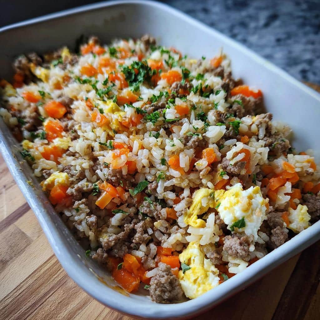 Close-up of Lamb and Brown Rice Casserole Dog recipe ingredients mixed in a white baking dish.