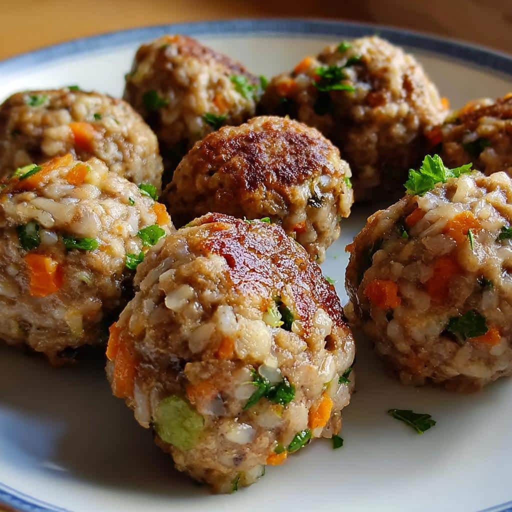 Close-up of homemade Lamb and Rice Farmer’s Dog Food Recipe meatballs mixed with visible rice and chopped carrots.