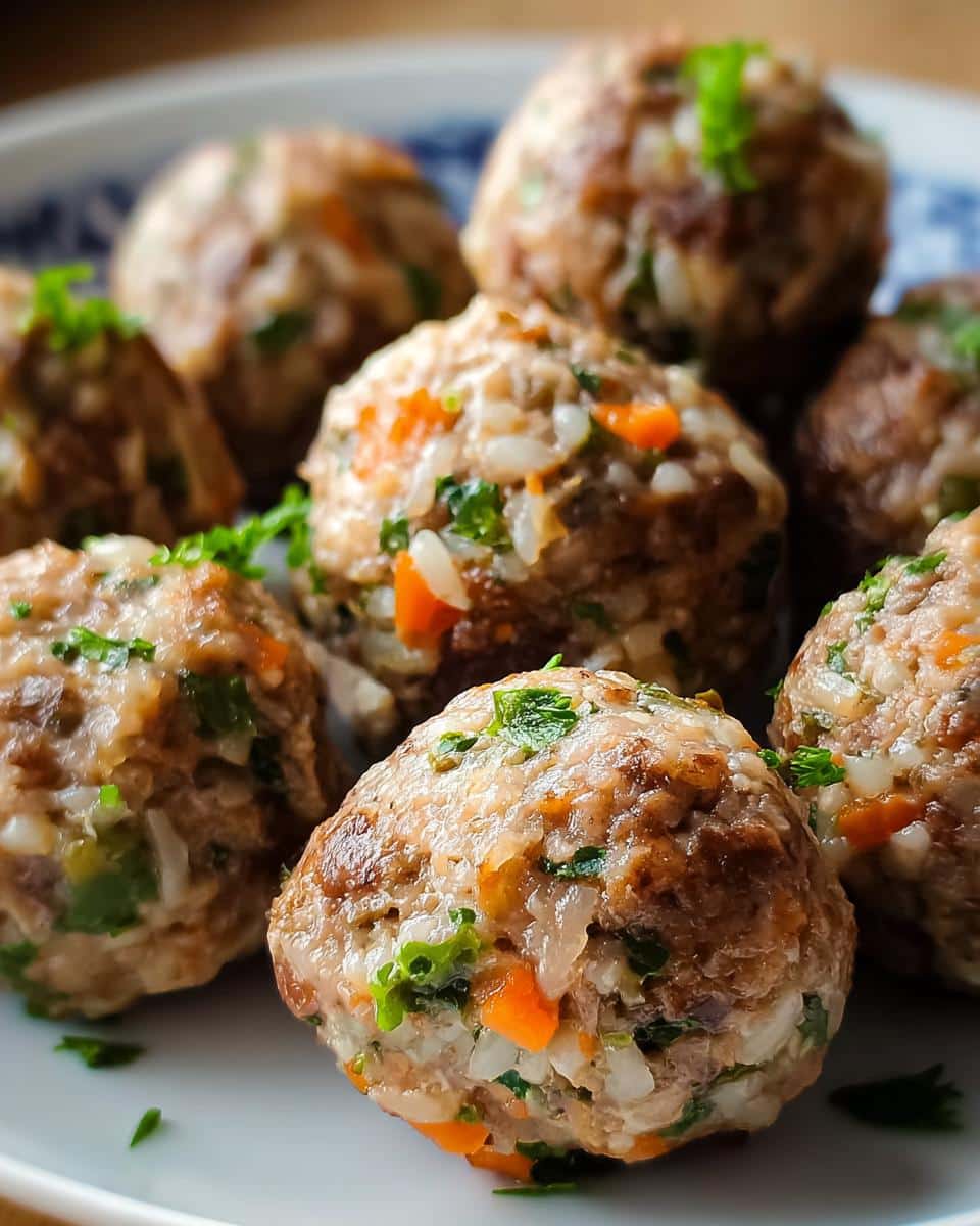 Close-up of cooked meatballs made for the Lamb and Rice Farmer’s Dog Food Recipe, showing visible rice, carrots, and parsley.