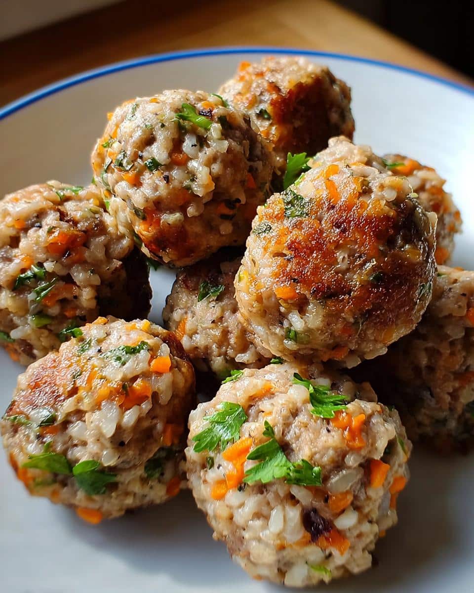Close-up of homemade Lamb and Rice Farmer’s Dog Food Recipe meatballs mixed with visible rice and carrots.