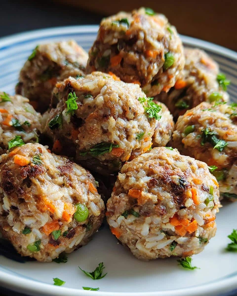 Close-up of homemade Lamb and Rice Farmer’s Dog Food Recipe meatballs mixed with rice, carrots, and peas.