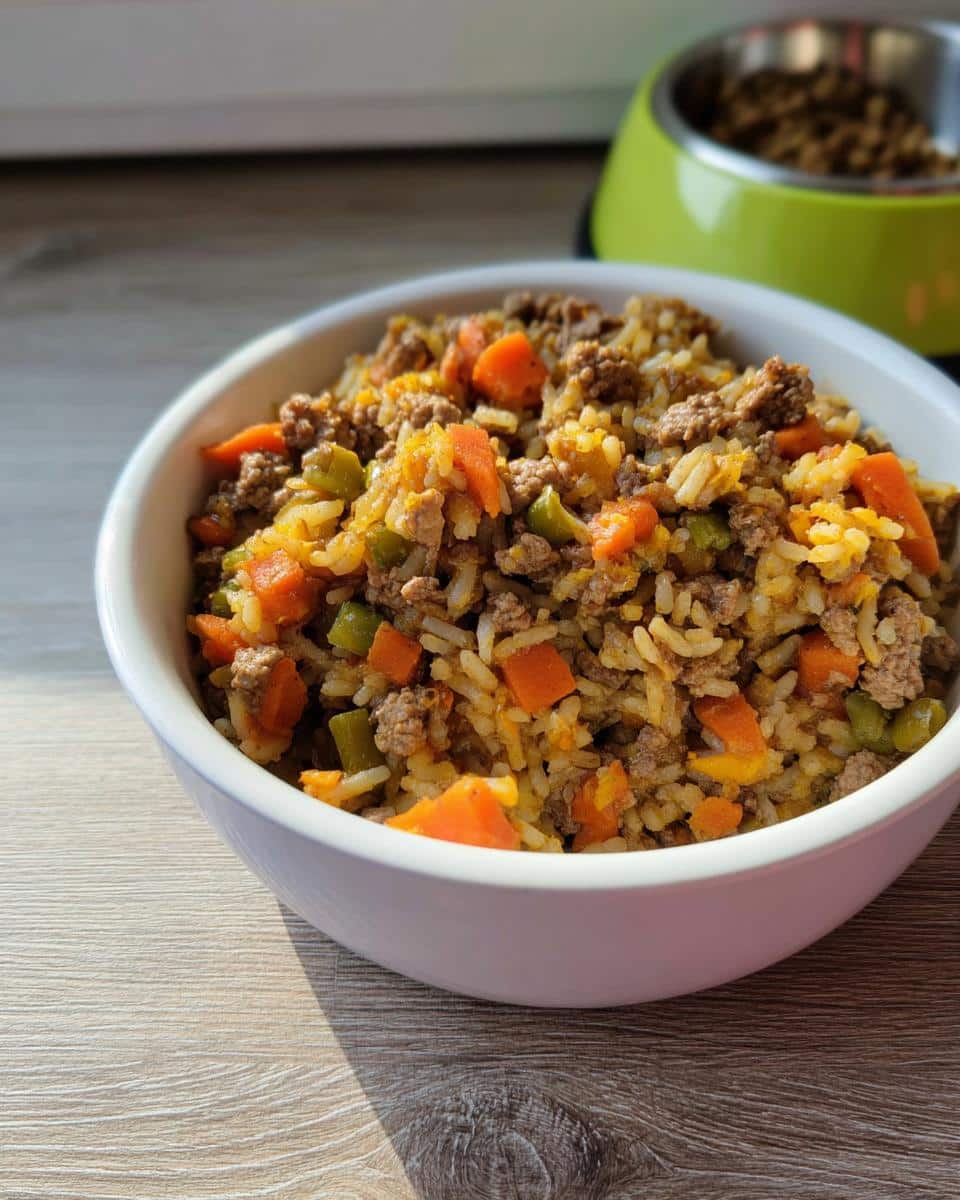 A white bowl filled with homemade Lamb & Rice Mini-Batch Dog Food, showing ground lamb, rice, carrots, and peas.