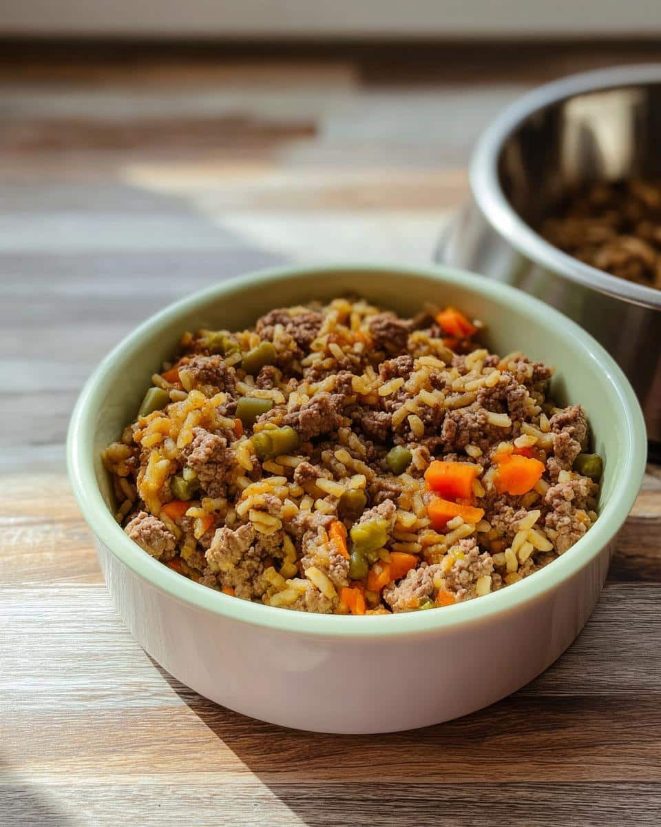 A light green bowl filled with homemade Lamb & Rice Mini-Batch Dog Food, featuring ground meat, rice, carrots, and peas.