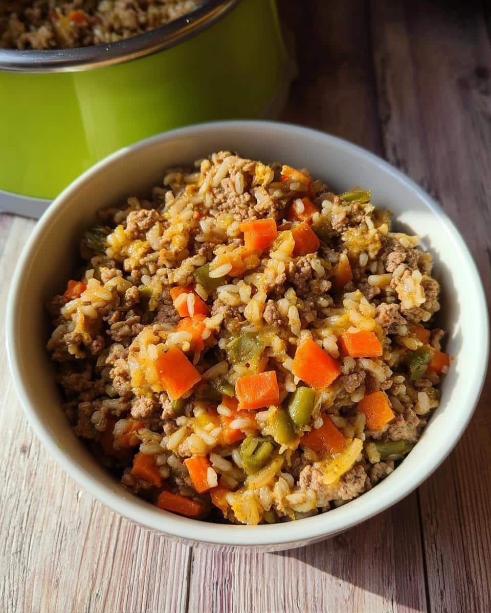 Close-up of a bowl filled with homemade Lamb & Rice Mini-Batch Dog Food, featuring ground lamb, rice, carrots, and green beans.