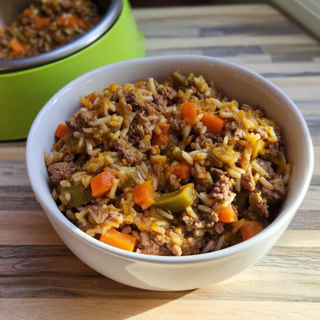 Close-up of Lamb & Rice Mini-Batch Dog Food mix with ground meat, rice, carrots, and green vegetables in a white bowl.