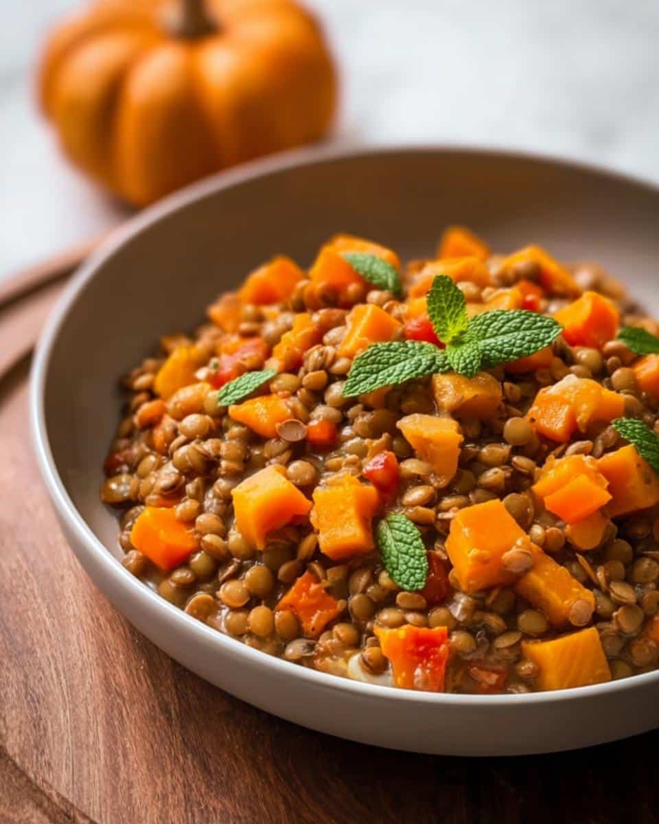 Close-up of cooked lentils mixed with diced orange pumpkin, garnished with mint, relevant to a Crockpot Homemade Dog Food Recipe.