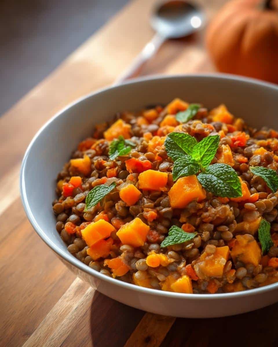 Bowl of cooked lentils and diced orange squash, garnished with mint, suitable for a Crockpot Homemade Dog Food Recipe.