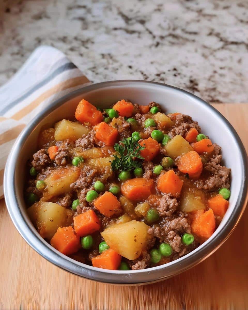A bowl of Make-Ahead Doggie Stew featuring ground meat, diced carrots, potatoes, and peas, garnished with parsley.