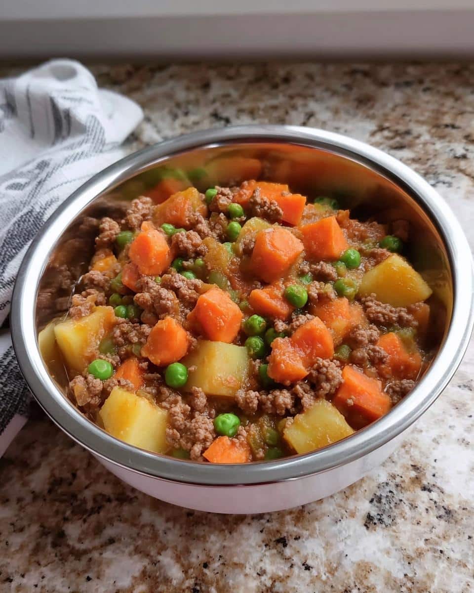 Close-up of Make-Ahead Doggie Stew featuring ground meat, diced carrots, potatoes, and peas in a stainless steel bowl.
